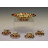 Royal Crown Derby Imari pattern dish, four coffee cans and four saucers