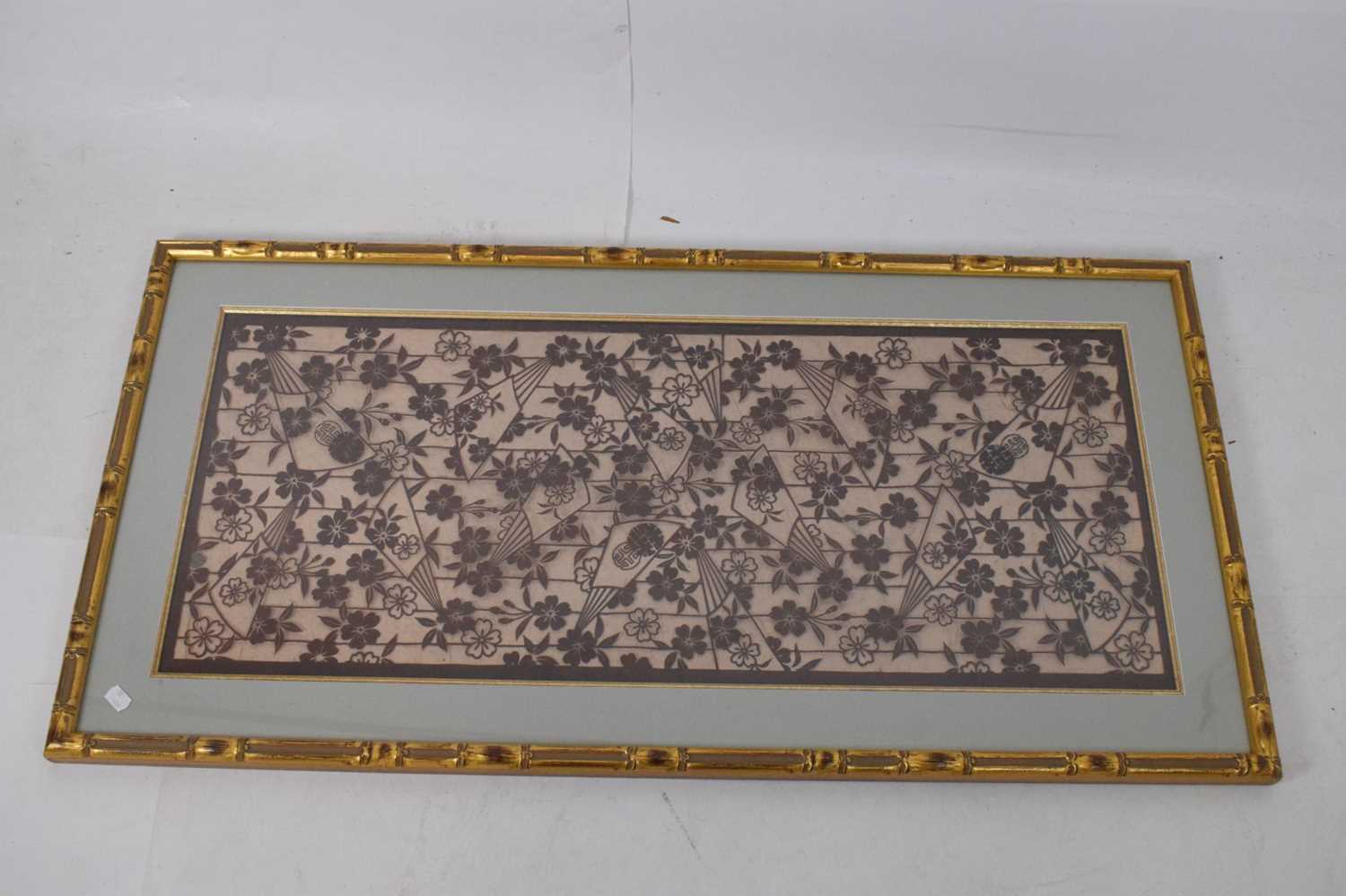 Japanese School (20th Century) cut out textile on gauze with floral and fan design - Image 2 of 7