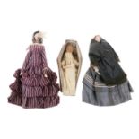 Wooden peg doll, cloth doll, and coffin doll
