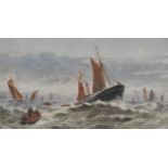 M. Henham - Oil on board - Trawling on the Doggerback delivering fish to steam boat