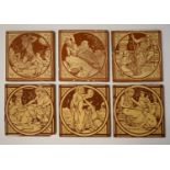 Six Minton tiles decorated with John Moyr Smith designs