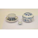 Meissen 'Onion' pattern cup and saucer, covered sugar bowl and salt