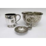 White metal unmarked pedestal bowl, silver tea strainer and EPNS mug