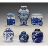Two Chinese ginger jars with prunus decoration and Delft vase and other ceramics