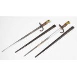 Two French 1874 pattern Gras sword bayonets, tapered T-back blades