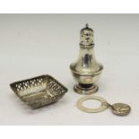 Early 20th Century silver sugar caster, square bon bon dish and child's teething rattle