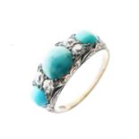 Dress ring set three graduated turquoise cabochons and four old-cut diamonds