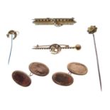 Two yellow metal stick pins, stamped '15kt', together with brooches and cufflinks