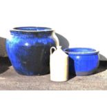 Two blue glazed garden planters and glazed bottle/ jug