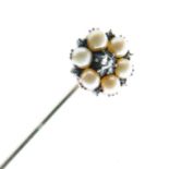 Rose cut diamond and pearl cluster stickpin