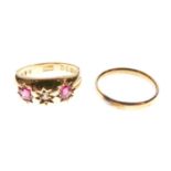 18ct gold gypsy-set diamond and red coloured stones, and an unmarked yellow metal wedding band