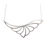 Contemporary design silver pendant of open leaf/wing design