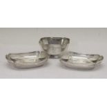Pair of Edwardian silver bonbon dishes with pierced rims and a square silver trophy bowl