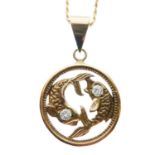 High carat gold pendant inset two fish with diamond eyes, 18ct yellow metal chain