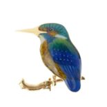 Alabaster & Wilson 9ct gold and enamel kingfisher brooch