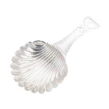 George III silver caddy spoon with shell bowl and bright cut decoration