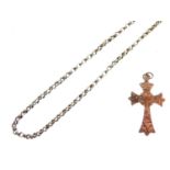 '9ct' cross pendant and a yellow metal belcher-link chain