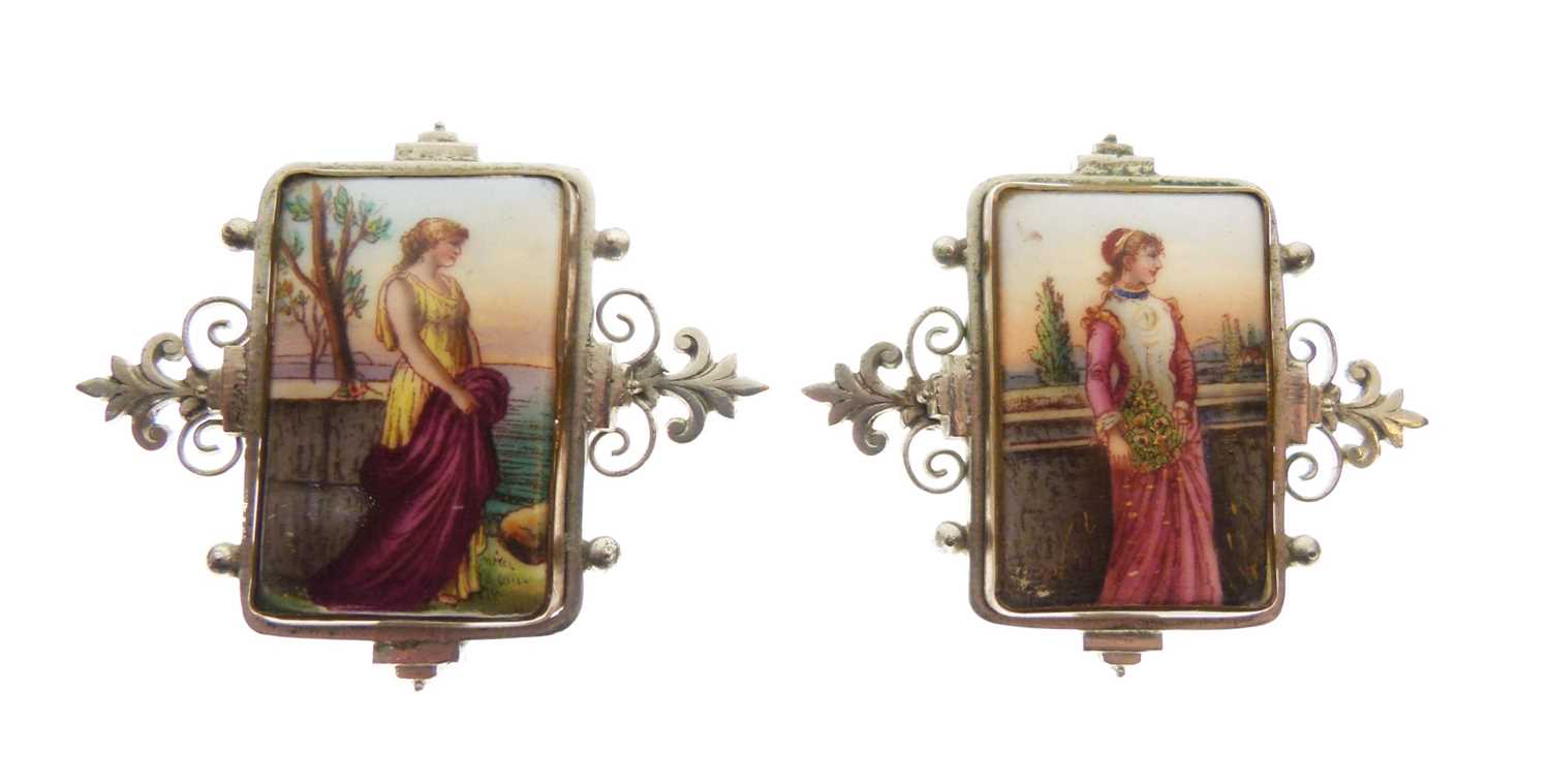 Pair of Continental porcelain brooches