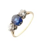 Sapphire and diamond three-stone ring