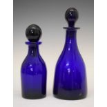 Thomas Webb blue glass mallet shaped decanter and one similar smaller decanter