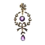 Edwardian '9ct' yellow metal, seed pearl and amethyst pendant