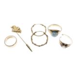 Three 9ct gold rings, tie pin, hoop earrings