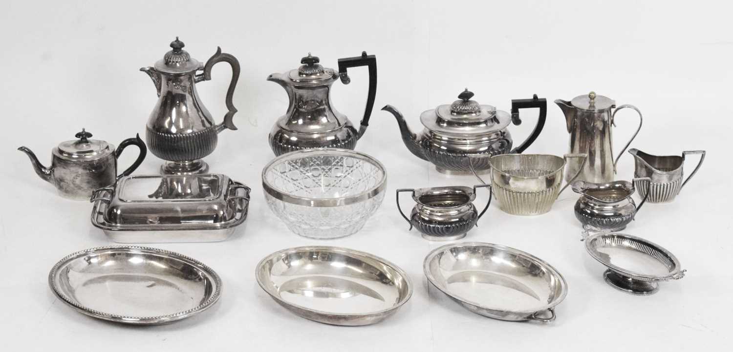 Silver plated four piece tea-set, pair of silver plated tureens, etc