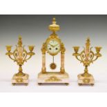 Early 20th Century French veined marble portico clock and garniture