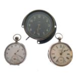 Two silver-cased pocket watches and Smiths MA dashboard clock