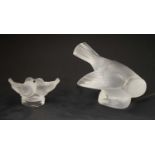 Two Lalique paperweights - 'Preening sparrow' and 'Lovebirds'