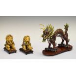 Chinese enamel dragon and pair of dogs