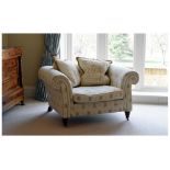 Duresta style snuggle settee, upholstered in cream textured and monogrammed fabric (no cushions)