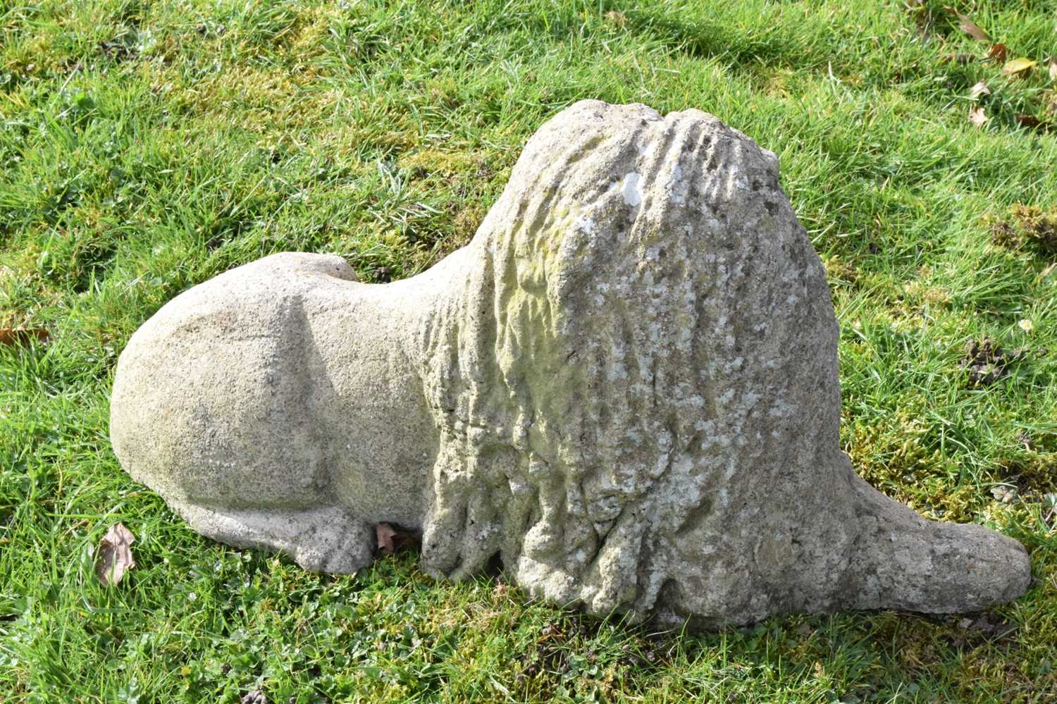 Pair of composite stone garden lions in recumbent posture - Image 10 of 11