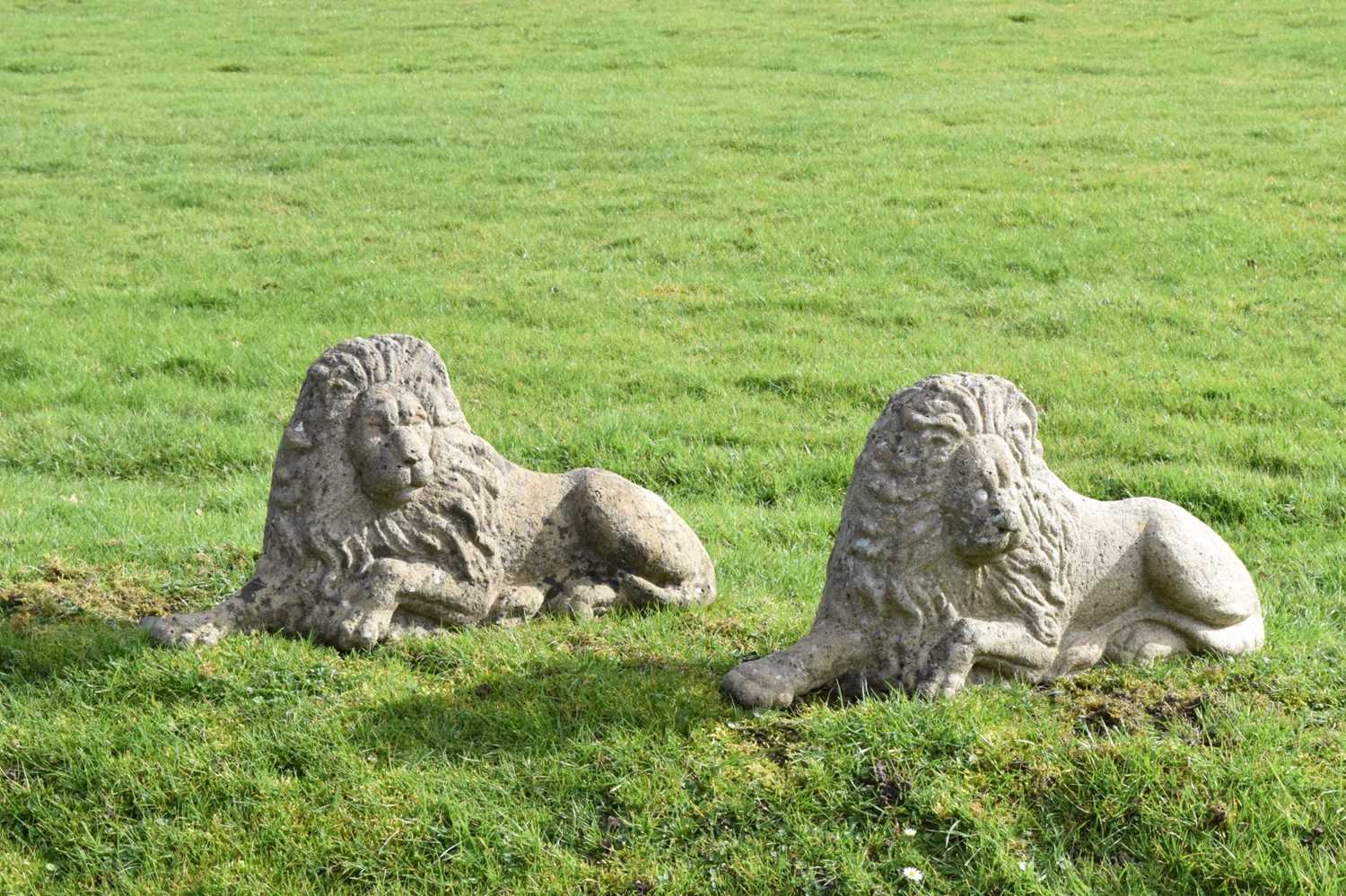 Pair of composite stone garden lions in recumbent posture - Image 9 of 11