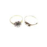 18ct diamond cluster ring and three stone diamond ring