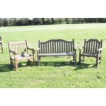 Lister teak garden bench and a pair of Lister garden chairs