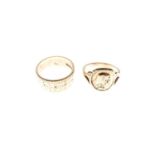 9ct gold wedding band, and a yellow metal signet style ring