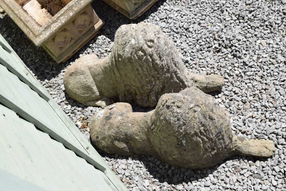 Pair of composite stone garden lions in recumbent posture - Image 8 of 11