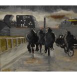 F. Smith - 20th Century oil on board - Cyclists in city