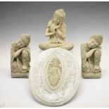 Three reconstituted South East Asian style garden ornaments and plaque