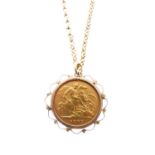 Late Victorian half sovereign, 9ct pendant frame and 9ct yellow metal belcher link chain