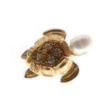 '18ct' yellow metal diamond and pearl turtle brooch