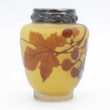 Galle small cameo glass vase having leaf decoration and white metal rim