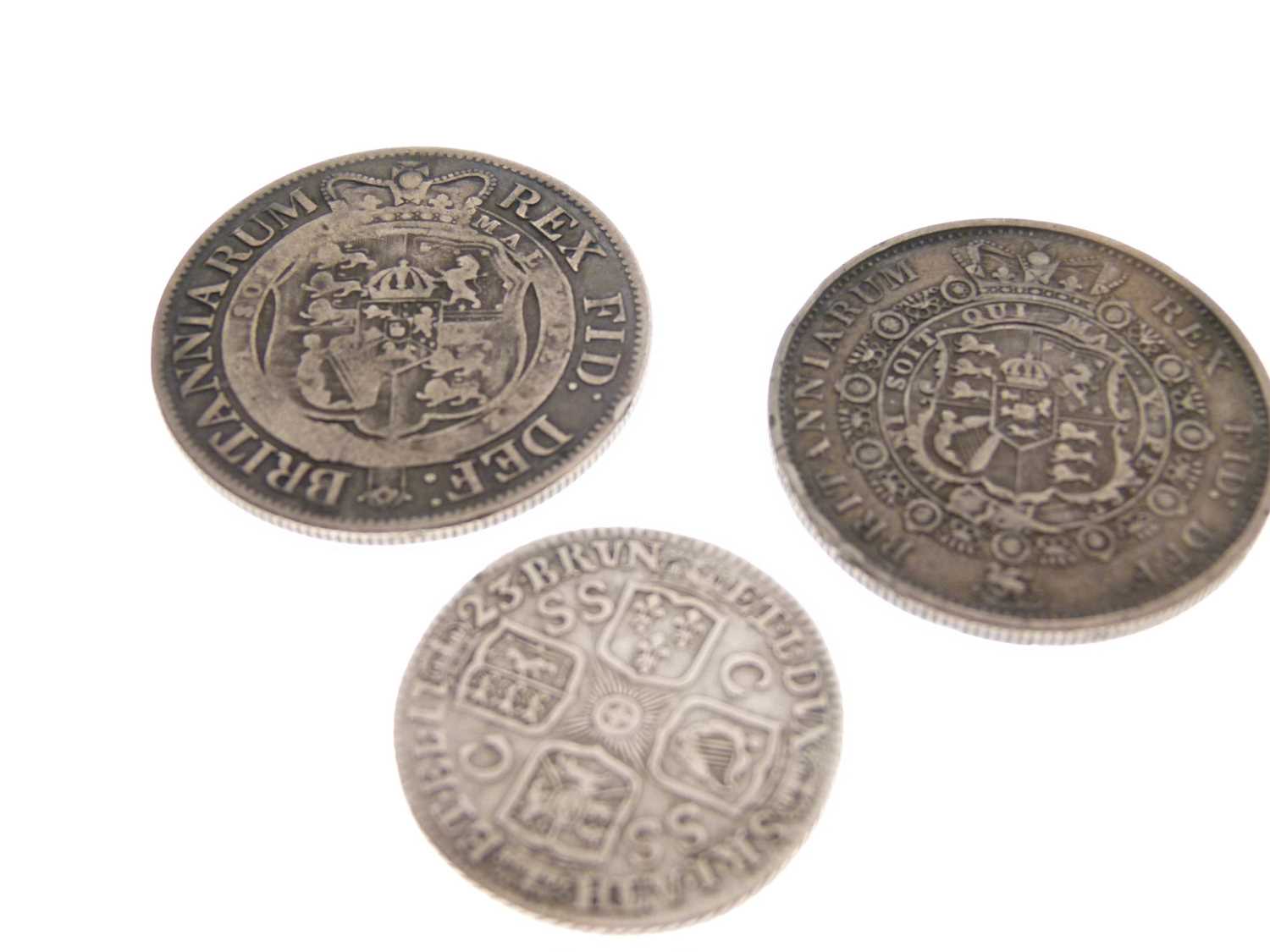 George I silver shilling and two George III half crowns - Bild 3 aus 4