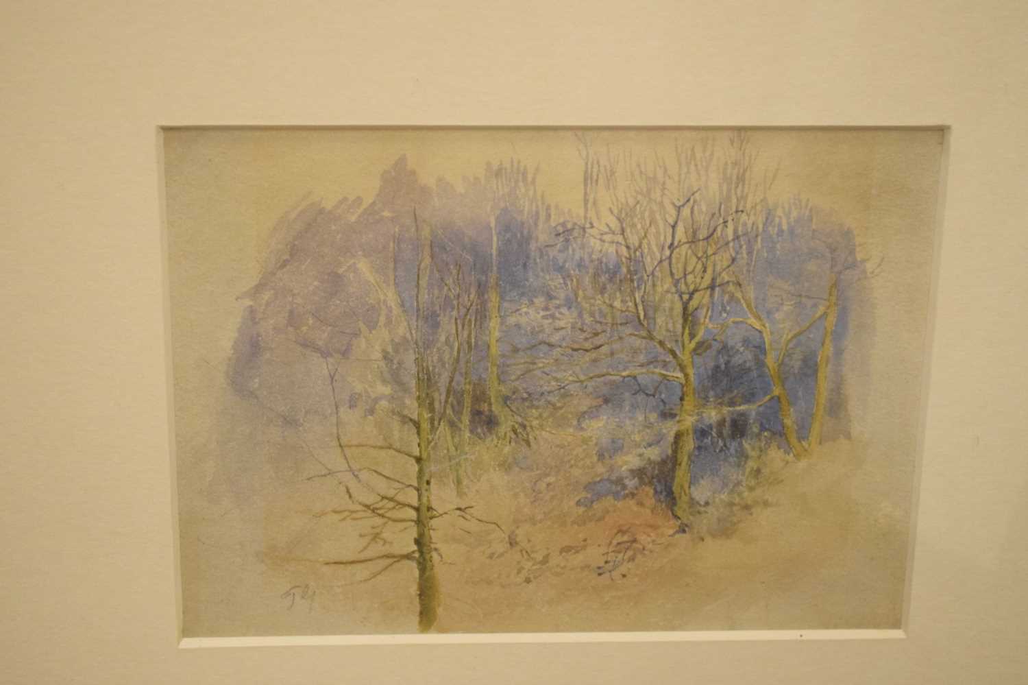 Watercolour study of wooded landscape signed 'TY', together with soft point etching of horse jumping - Image 5 of 5
