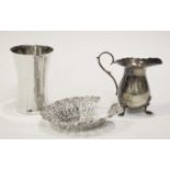 Elizabeth II silver cream jug, white metal vase and bon-bon dish