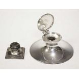 George V silver square inkwell and large capstan inkwell