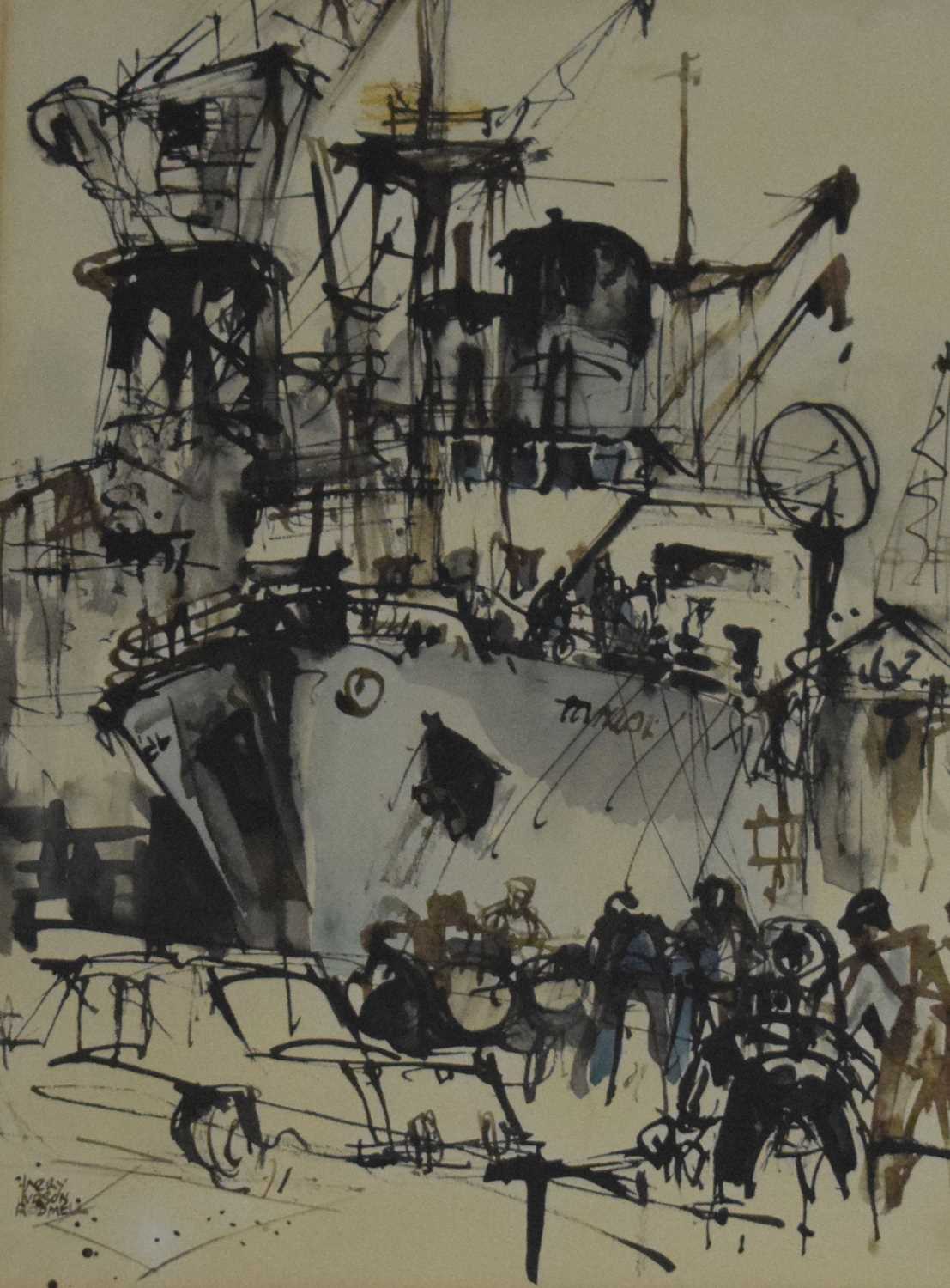 Harry Hudson Rodmell, (1896-1984) - Watercolour - Figures before ship