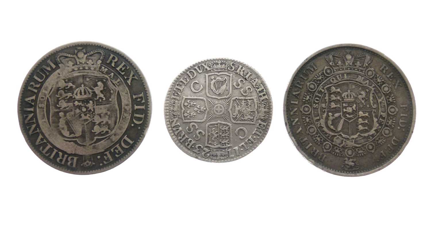 George I silver shilling and two George III half crowns