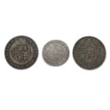 George I silver shilling and two George III half crowns